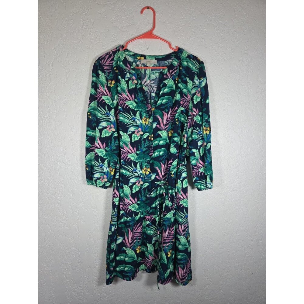 Ann Taylor LOFT Tropical Floral Woven Split V-Neck Mini Dress Navy XL Linen